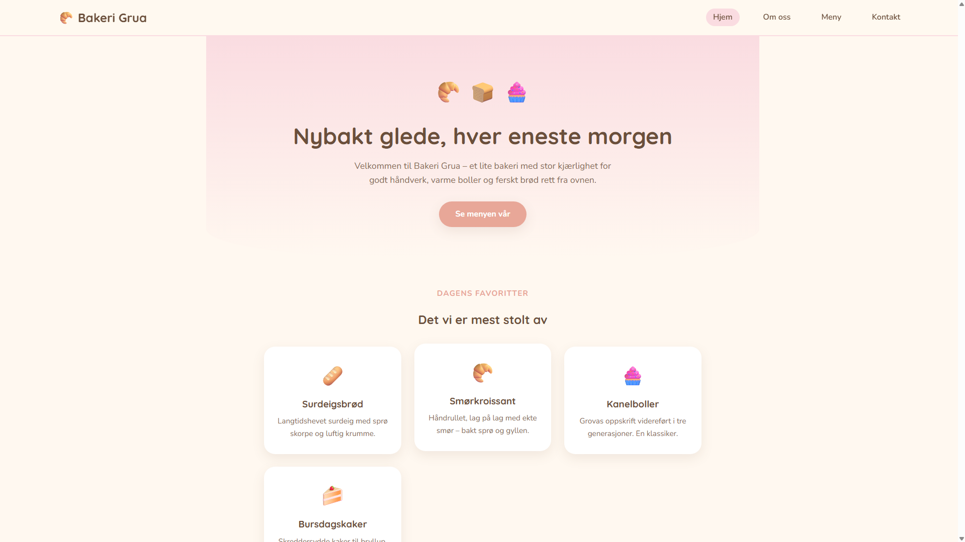 Skjermbilde av Bakeri Grua-nettsiden